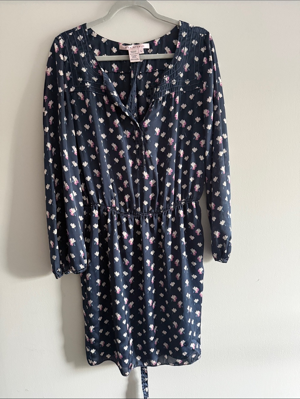 Max Studio Navy Floral Midi Dress with Pink & White Accents